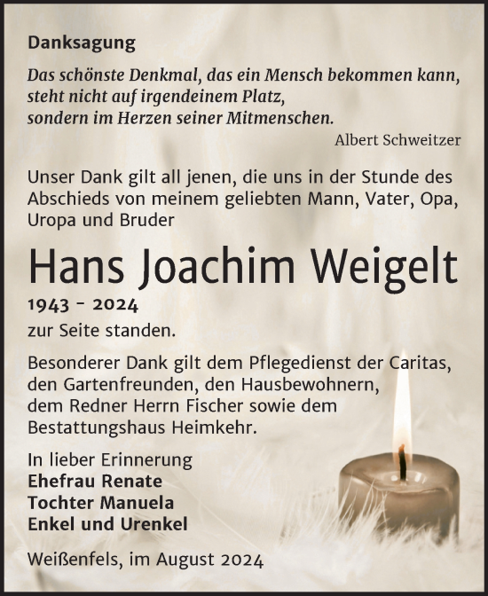 Traueranzeige von Hans Joachim Weigelt von Trauerkombi Weißenfels
