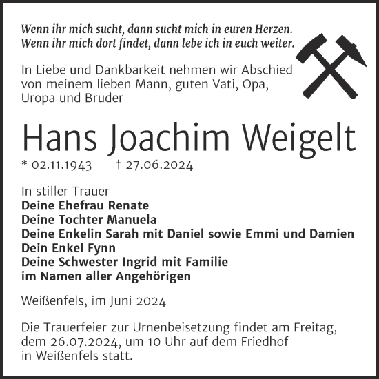 Traueranzeige von Hans Joachim Weigelt von Trauerkombi Weißenfels