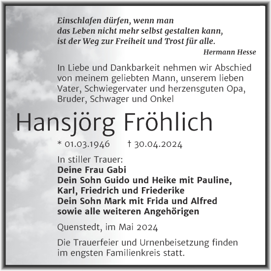 Traueranzeige von Hansjörg Fröhlich von Trauerkombi Mansfelder Land