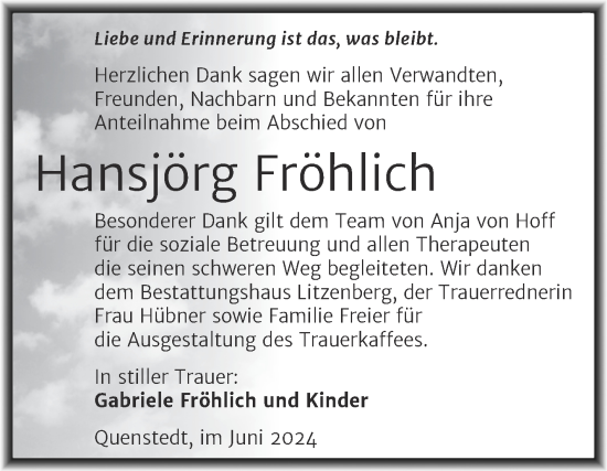 Traueranzeige von Hansjörg Fröhlich von Trauerkombi Mansfelder Land