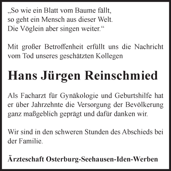 Traueranzeige von Hans Jürgen Reinschmied von Volksstimme Altmark Ost