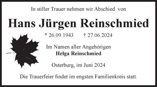 Traueranzeige von Hans Jürgen Reinschmied von Volksstimme Altmark Ost