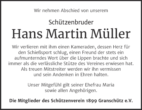 Traueranzeige von Hans Martin Müller von Trauerkombi Weißenfels
