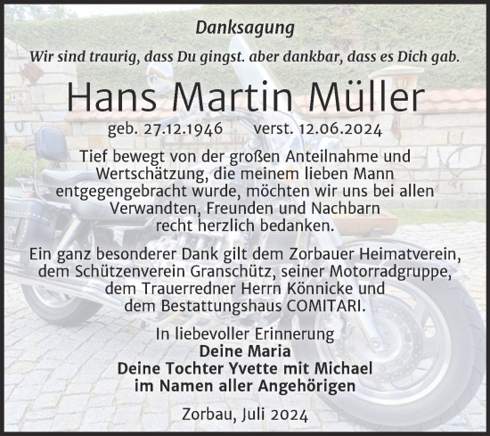 Traueranzeige von Hans Martin Müller von Trauerkombi Weißenfels