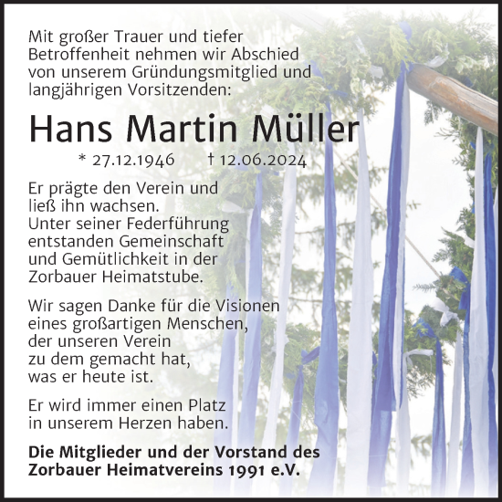 Traueranzeige von Hans Martin Müller von Trauerkombi Weißenfels