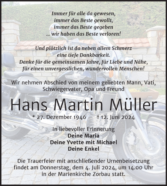 Traueranzeige von Hans Martin Müller von Trauerkombi Weißenfels