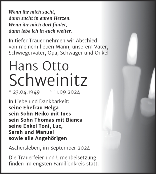 Traueranzeige von Hans Otto Schweinitz von Trauerkombi Aschersleben
