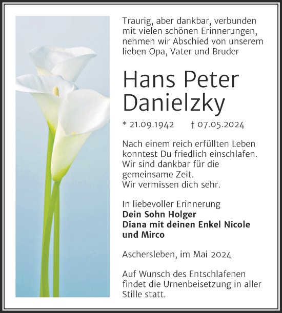 Traueranzeige von Hans Peter Danielzky von Trauerkombi Aschersleben