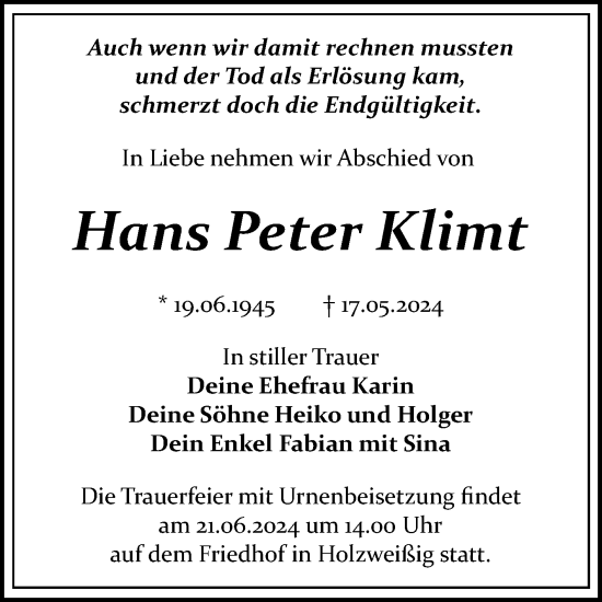 Traueranzeige von Hans Peter Klimt von Trauerkombi Bitterfeld