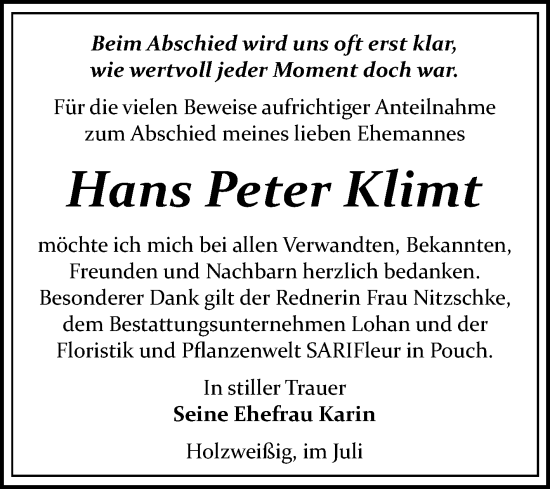 Traueranzeige von Hans Peter Klimt von Trauerkombi Bitterfeld