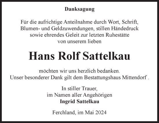 Traueranzeige von Hans Rolf Sattelkau von Volksstimme Burg/Genthin