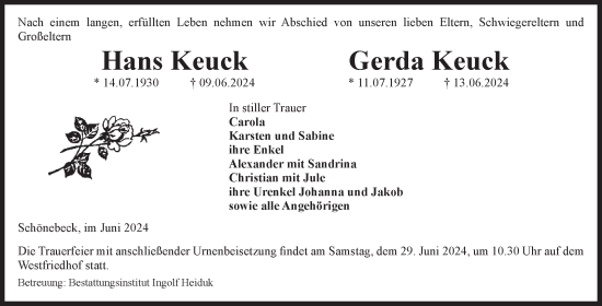 Traueranzeige von Hans und Gerda Keuck von Volksstimme Schönebeck