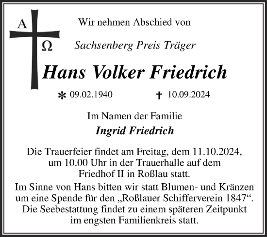 Traueranzeige von Hans Volker Friedrich von Trauerkombi Dessau