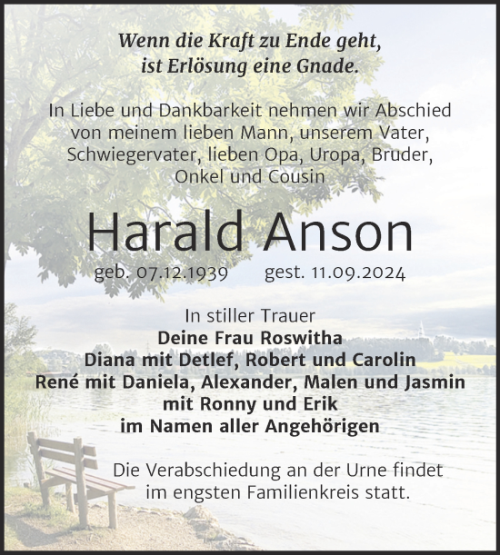 Traueranzeige von Harald Anson von Trauerkombi Sangerhausen