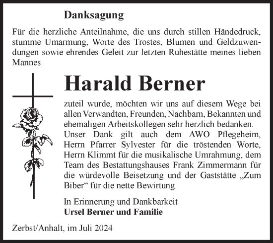 Traueranzeige von Harald Berner von Volksstimme Zerbst