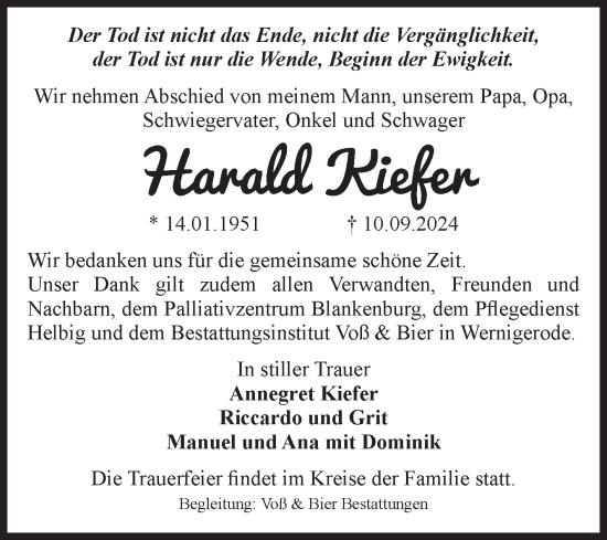 Traueranzeige von Harald Kiefer von Volksstimme Wernigerode