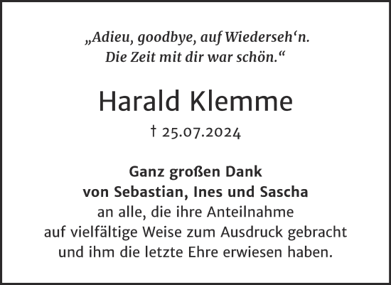 Traueranzeige von Harald Klemme von Super Sonntag Dessau-Roßlau