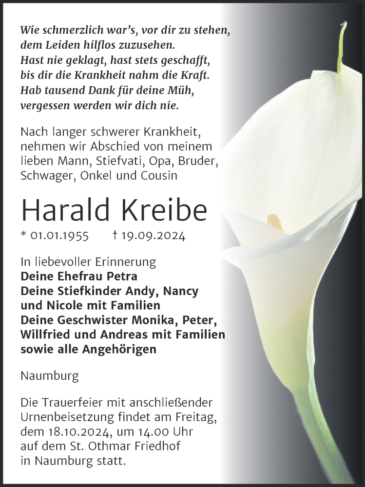  Traueranzeige für Harald Kreibe vom 28.09.2024 aus Super Sonntag Naumburg/Nebra