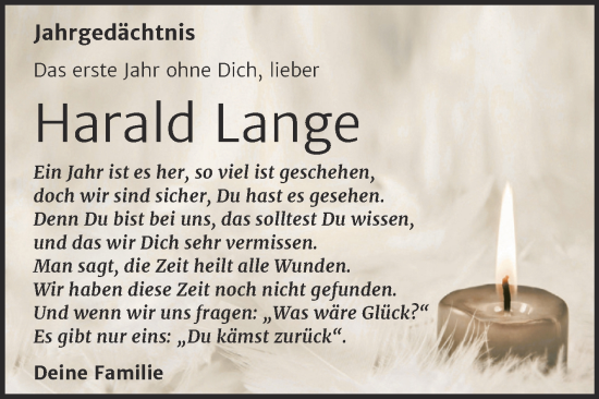 Traueranzeige von Harald Lange von Trauerkombi Bernburg