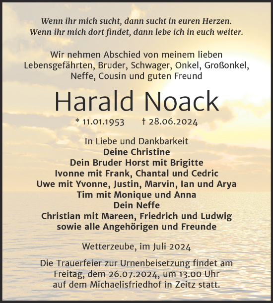 Traueranzeige von Harald Noack von Trauerkombi Zeitz