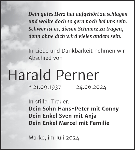 Traueranzeige von Harald Perner von Trauerkombi Bitterfeld