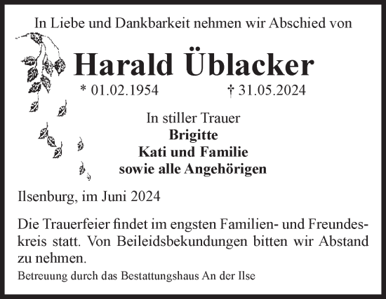 Traueranzeige von Harald Üblacker von Volksstimme Wernigerode