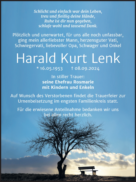 Traueranzeige von Harald Kurt Lenk von Trauerkombi Mansfelder Land