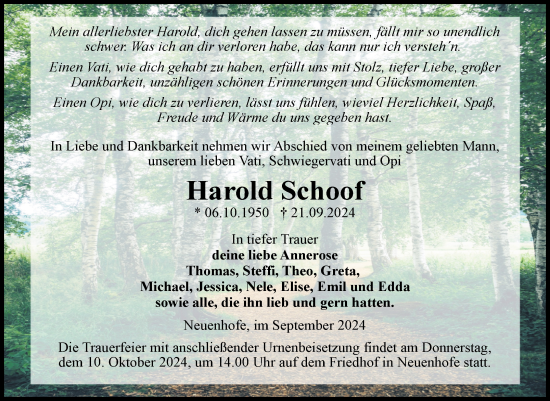 Traueranzeige von Harold Schoof von Volksstimme Haldensleben/Wolmirstedt
