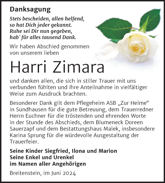 Traueranzeige von Harri Zimara von Trauerkombi Sangerhausen