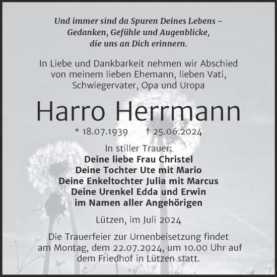 Traueranzeige von Harro Herrmann von Trauerkombi Weißenfels