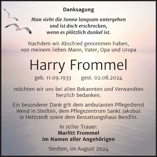 Traueranzeige von Harry Frommel von Trauerkombi Mansfelder Land