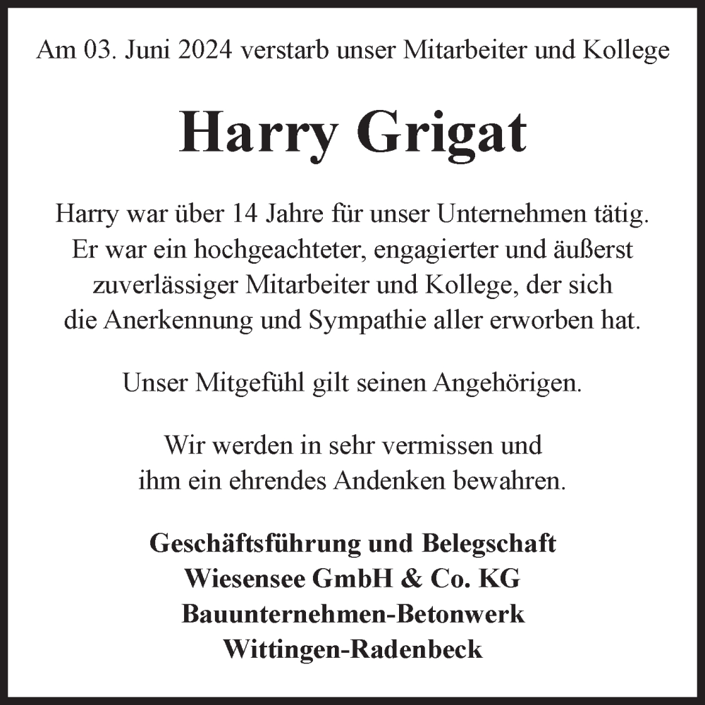  Traueranzeige für Harry Grigat vom 22.06.2024 aus Volksstimme Altmark West