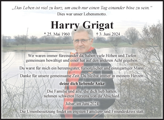 Traueranzeige von Harry Grigat von Volksstimme Altmark West