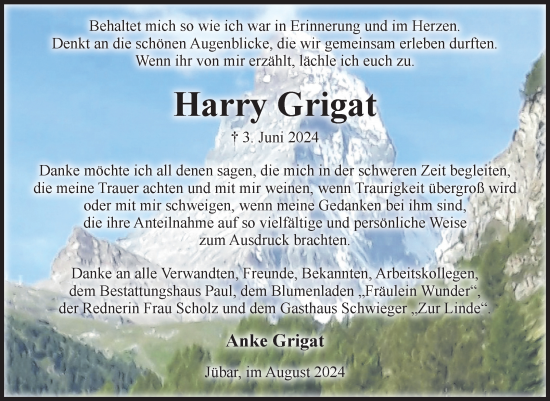 Traueranzeige von Harry Grigat von Volksstimme Altmark West