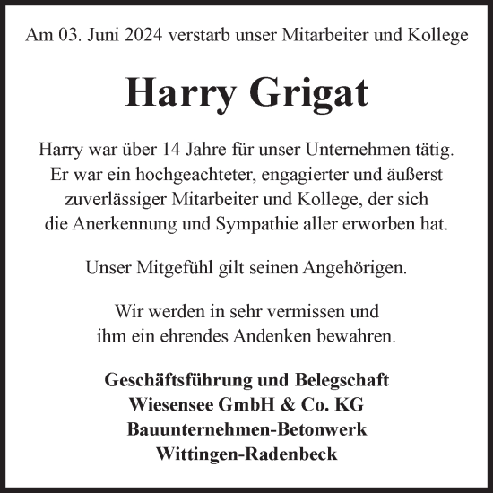 Traueranzeige von Harry Grigat von Volksstimme Altmark West