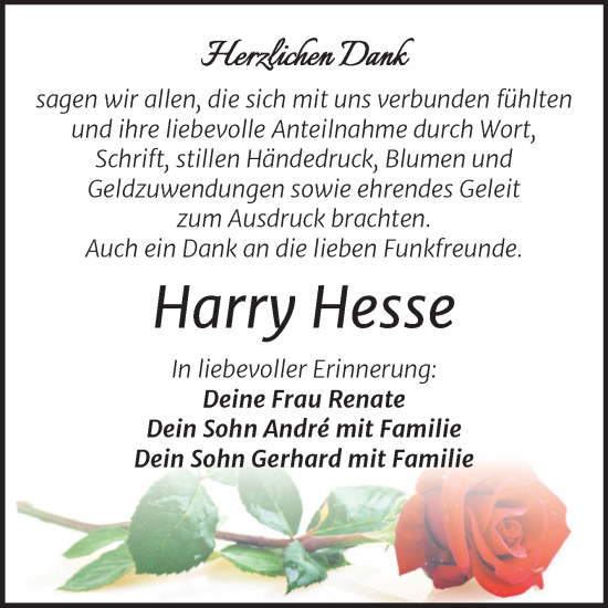 Traueranzeige von Harry Hesse von Trauerkombi Quedlinburg