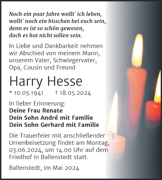 Traueranzeige von Harry Hesse von Trauerkombi Quedlinburg