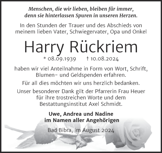 Traueranzeige von Harry Rückriem von Naumburger Tageblatt