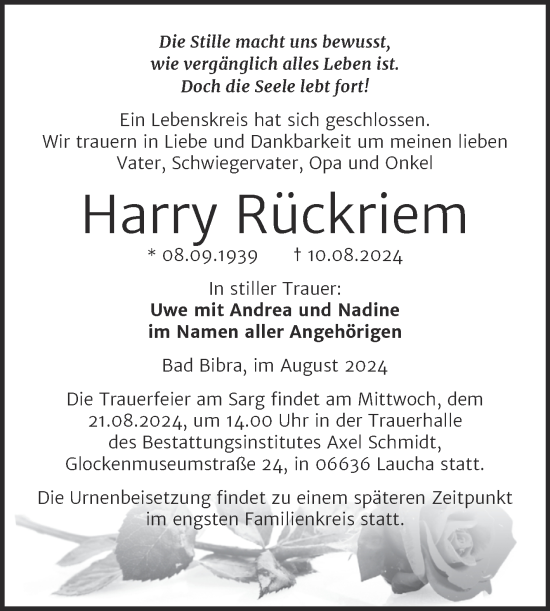 Traueranzeige von Harry Rückriem von Naumburger Tageblatt