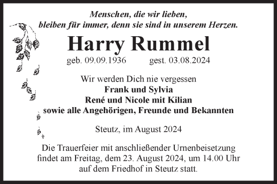 Traueranzeige von Harry Rummel von Volksstimme Zerbst