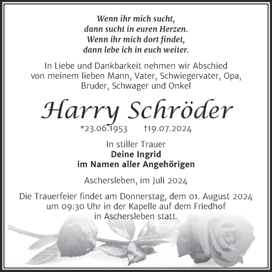 Traueranzeige von Harry Schröder von Trauerkombi Aschersleben