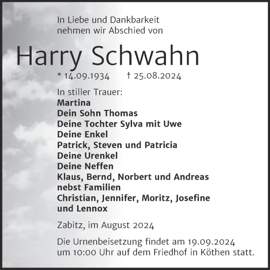 Traueranzeige von Harry Schwahn von Trauerkombi Köthen