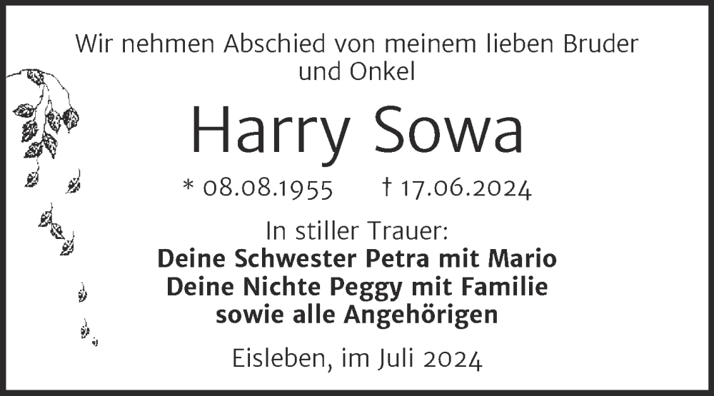  Traueranzeige für Harry Sowa vom 20.07.2024 aus Trauerkombi Mansfelder Land