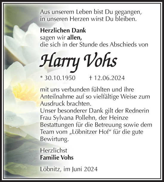 Traueranzeige von Harry Vohs von Volksstimme Staßfurt
