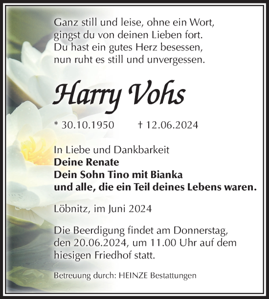 Traueranzeige von Harry Vohs von Volksstimme Staßfurt