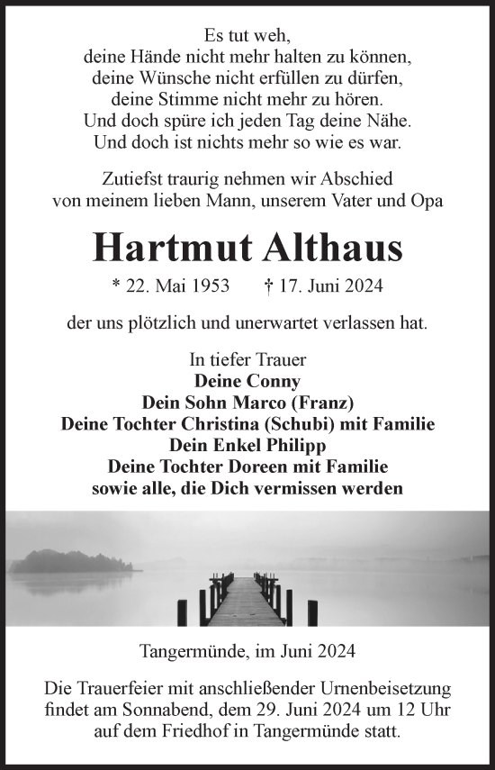 Traueranzeige von Hartmut Althaus von Volksstimme Altmark Ost