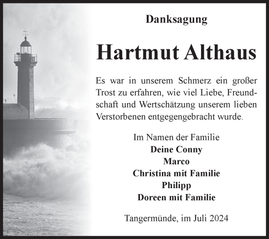 Traueranzeige von Hartmut Althaus von Volksstimme Altmark Ost