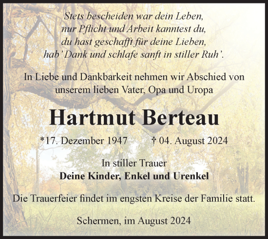 Traueranzeige von Hartmut Berteau von Volksstimme Burg/Genthin