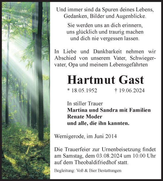 Traueranzeige von Hartmut Gast von Volksstimme Wernigerode