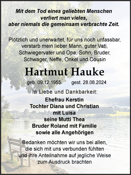 Traueranzeige von Hartmut Hauke von Trauerkombi Weißenfels